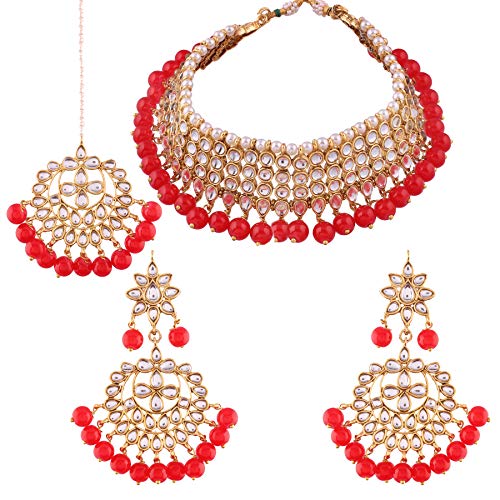 I Jewels Indian Traditional Kundan Choker Bollywood Designer Stylish Party Wear Jewelry Set with Earrings & Maang Tikka For Women (K7075R)