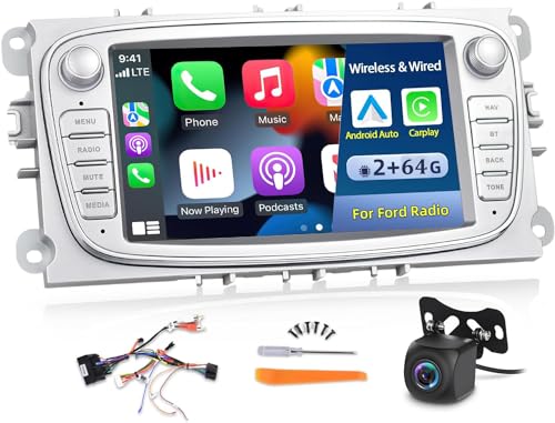 [2G+32G] Radio de Voiture Android pour Ford Focus/Mondeo/Galaxy/Kuga/C-Max/S-Max, sans Fil Apple Carplay/Android Auto/Hi-FI Audio/Wi-Fi/1080P/SWC/Bluetooth + caméra de recul AHD et Microphone