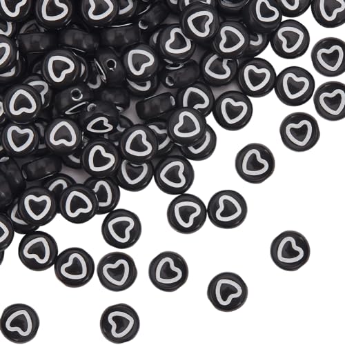 SUNNYCLUE 1 Box 500Pcs Acrylic Heart Beads Flat Round Love Heart Bead Bulk 7mm Mini Black White Pony Coin Disc Loose Spacer Beads for Bracelets jewellery Making Beading Valentine's Day Gifts DIY Craft