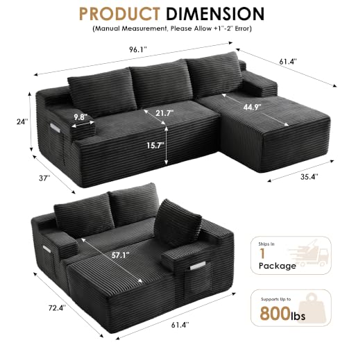 Image of 96 inch Sectional Couches for Living Room Cloud Couch Sofa with L-Shape Upholstered Boneless Couchs Modern Modular Sectional Couch with Chaise (Dark Grey, 96 inch L Shaped with Right Facing Chaise)