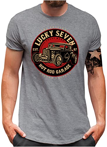 T-shirt Homme Lucky 7 Gris Mélangé Grande Taille 4XL Motif Classic Hot Rod U.S.A.