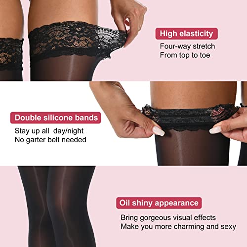 MANZI Sheer Shiny Thigh High Stockings 2 Pairs Silky lingerie Pantyhose for Women with Stay Up Silicone Lace Top4
