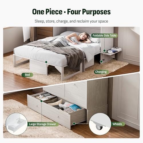 Image of Softa Queen Murphy Bed Cabinet with 4 inch Tri-Fold Mattress, Storage Drawer & Charging Station, 1200 Lb Heavy Duty Wood Wall Bed with Fold-Down Desk for Guest Room & Home Office, No Box Spring Needed