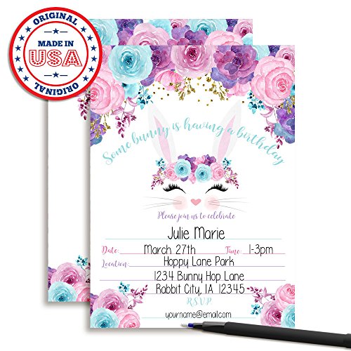 Bunny Face With Pink Blue And Purple Watercolor Flowers Easter Birthday Party Invitations For Girls, 20 5"X7" Fill In Cards With Twenty White Envelopes By Amandacreation #TOP2
