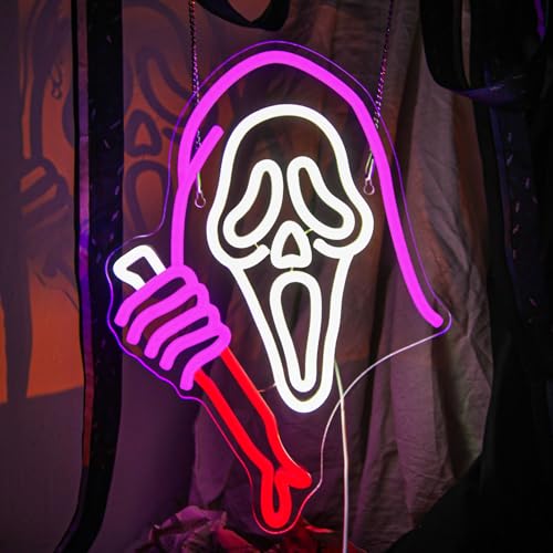 Ghost Face Neon Signs for Wall Decor LED Dimmable Ghost Neon Light Halloween Neon Sign USB Powered Light up Horror Sign for Bedroom Game Mancave Living Room Bar Party Gift
