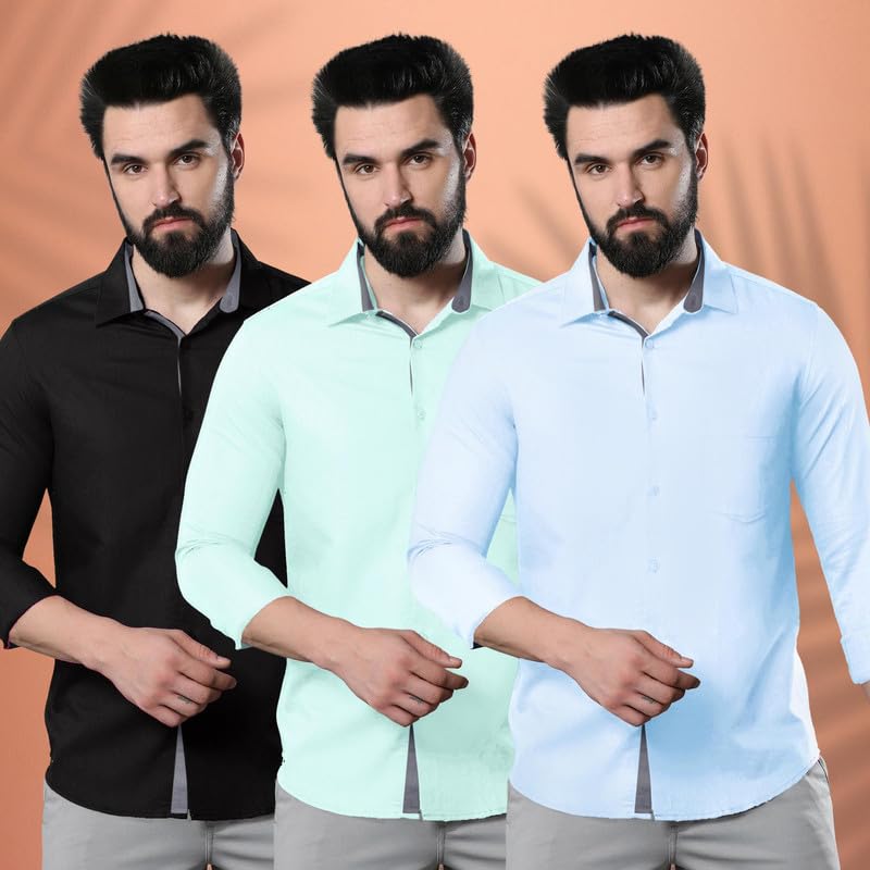 Image of Pinkmint Men's Solid Shirt | Soft Cotton Blend | Casual Shirt | Plain | Full Sleeve - Regular Fit (Combo Pack of 3 | Available in Plus Size)