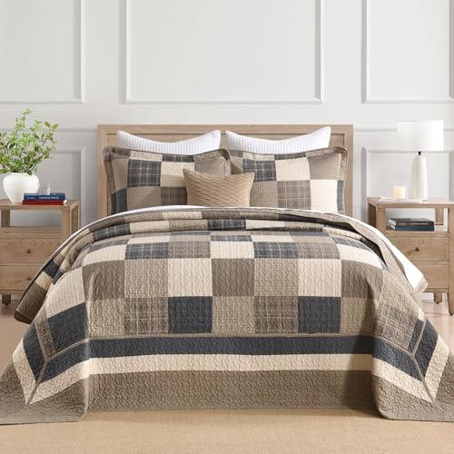 Image of Finlonte 120 inchx120 inch Oversized King Bedspread - 100% Cotton Lightweight Quilted Bedspreads Coverlet Set, Farmhouse Plaid Bedding Reversible Oversized King Quilt with 2 Pillow Shams, Brown /Beige /Cream