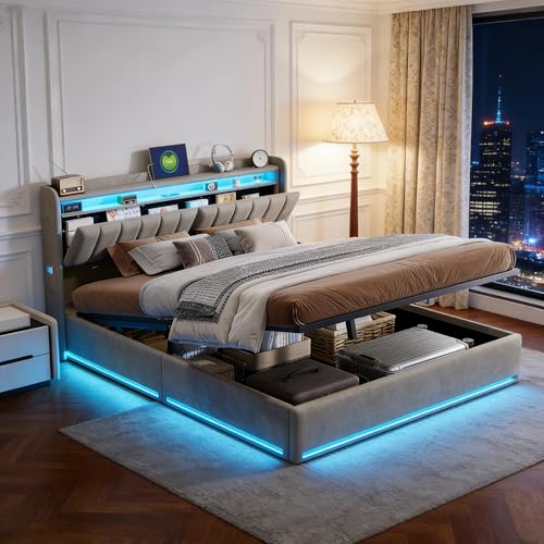 KRYZOR Cama tapizada de 140 x 200 cm con canapé, cama de almacenamiento hidráulico con LED y USB, cama juvenil con espacio de almacenamiento oculto en el cabecero, moderno marco de cama con somier