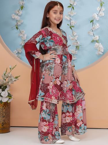 Image of Preneum Girls's Cotton Rayon Printed Angrakha Kurta with Sharara & Dupatta