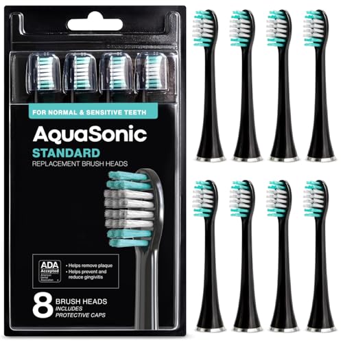 Image of AquaSonic Genuine Standard Replacement Brush Heads | ADA Accepted | for Normal & Sensitive Teeth | Compatible with Many AquaSonic Toothbrush Handles (8 Pack Black)