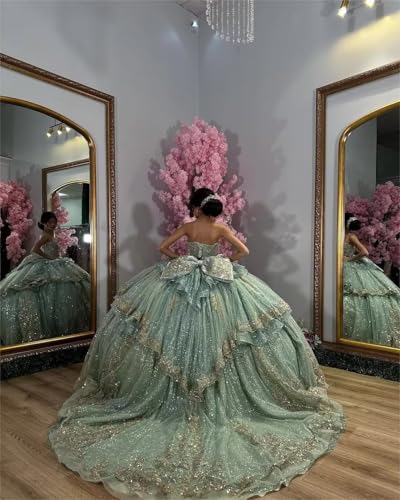 XYAYE Gorgeous Strapless Quinceanera Dresses with Bow Gold Lace Layered Sweet 16 Dress Beaded Vestidos de Quinceañeras4