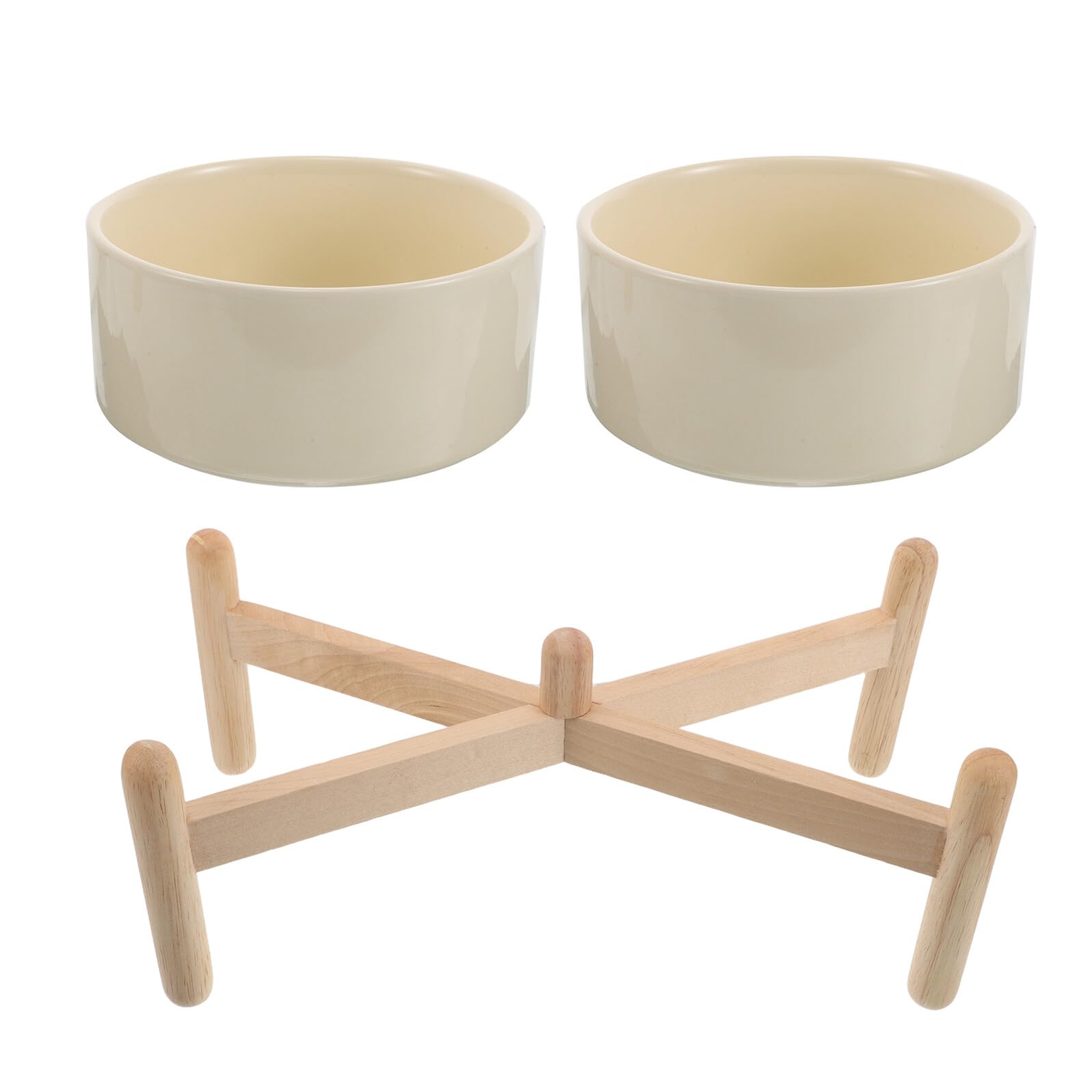 SHINEOFI Juego de Cuencos Elevados de Cerámica para Mascotas, Doble Cuenco 850 Ml, Soporte Antideslizante de Madera, Tazón de Agua y Comida para Perros y Gatos, Alimentación Saludable