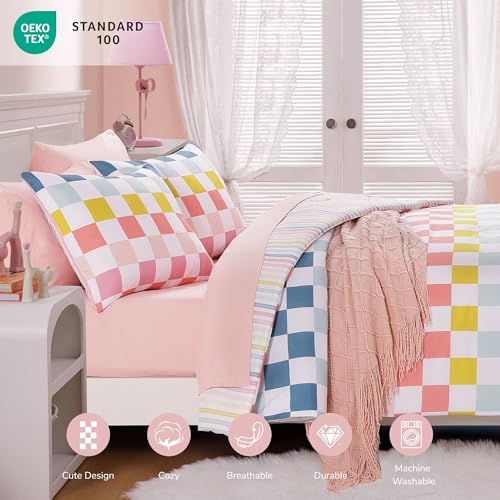 Image of Full Size Comforter Sets for Girls-7 Pieces Soft Full Size Bedding Sets | Bed in A Bag Colorful Checkered Printed Comforter with Pillowcases & Shams, 76 inch X 86 inch