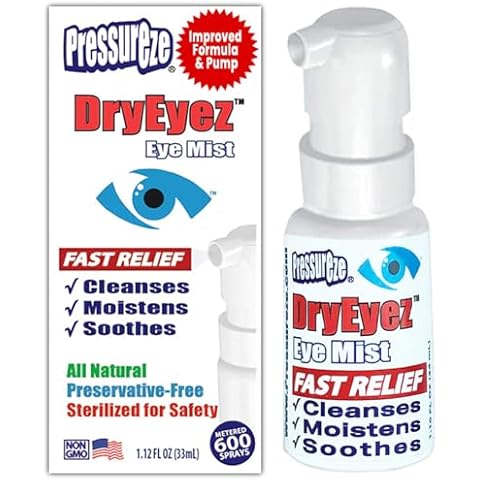 Pressureze DryEyez Natural Eye Relief for Sensitive Eyes. Dry Eyes, Sore Eyes, Irritated Eyes, Preservative-Free, Sterile. Cleanses, Moistens, Soothes 33ml, Made in USA (Pack of 1) Cover