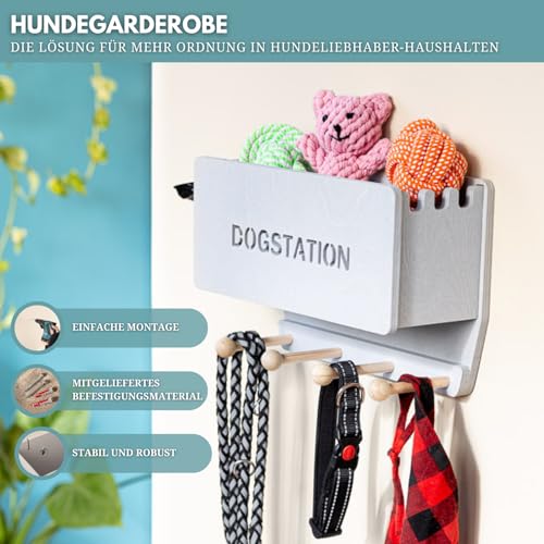 INEXTERIOR Hundegarderobe CLASSIC aus Holz - personalisierbar - in Deutschland handgefertigt - Aufbewahrung für Hundeleinen (Grau, Schriftzug Dogstation)