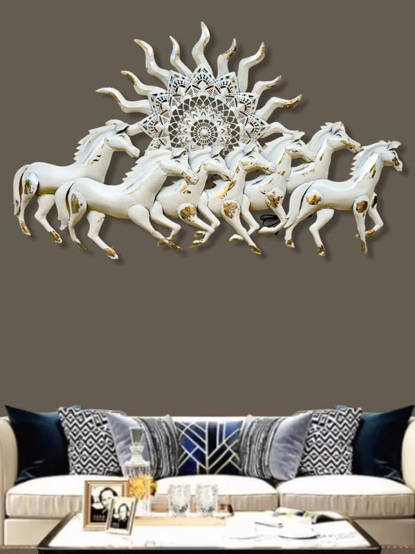 RSN Metal Iron Running 7 Horses With LED Light 3D Wall decor Wall Art Wall Hangings For Home Decoration/Wall Hangings for Home Decoration – 46X26 Inch (White)
