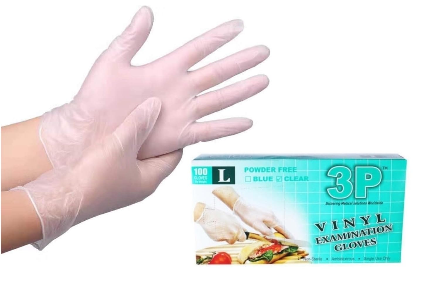 3P Clear Vinyl Powder-Free Blended Medical Examination Disposable Gloves, Food Gloves Grade (Latex-Free Rubber,Box of 100pc) (Large) (B0CJJQNY26) Amazon Price History, Amazon Price Tracker