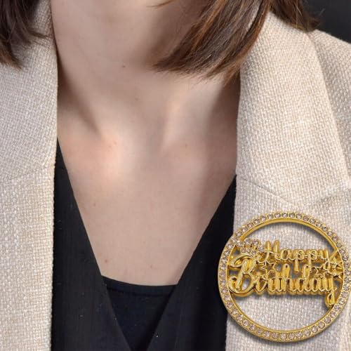 Image of Gold Happy Birthday Brooch Pin for Women - Modern Metal Pin with Crystal Decoration for Birthday Party