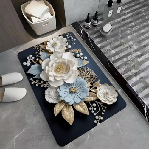 Image of Non-Slip 3D Floral Bath Mat, Quick Dry Absorbent Silicone Floor Mat, Anti Skid Doormat for Bathroom, Home, Office, Living Room, Hallway Runner, Soft Cushion Carpet Rug (Blue)