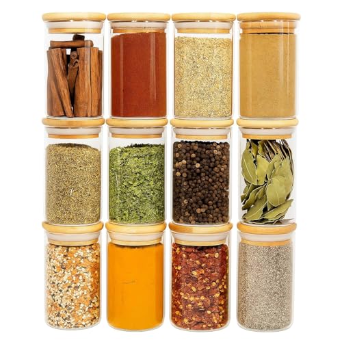 Image of Round Spice Jars with Airtight Bamboo Lid 270ml Glass Jars for Kitchen Storage Set of 12 Containers Spices, Coffee Beans & More set of 12 (270 ML-ROUND-X JAR-)