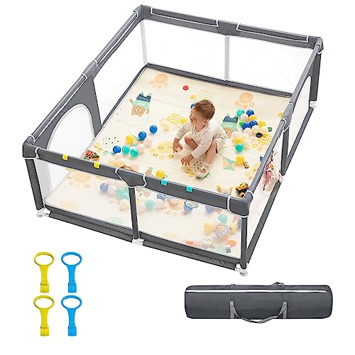 dearlomum Baby Playpen,71″x59″ Extra Large Baby Playard, Playpen for Babies with Gate, 0-6 to 12 Months Baby Activity Center, Sturdy Safety Playpen with Soft Mesh,Playpen for Toddlers(Gray)
