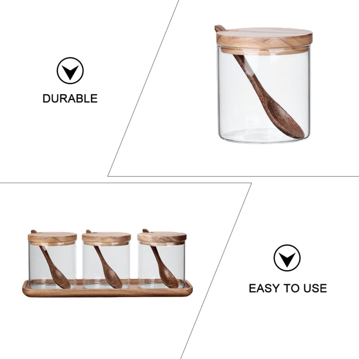 PLAFOPE Satz aus 3 Gewürzbehältern aus Durchsichtigem Glas mit Holzdeckel und Löffel Multifunktional für Küche und Kochen Stilvoll und Praktisch