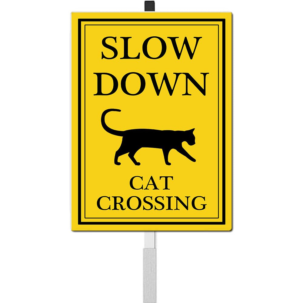 Slow Down Yard Signs with Stake Cat Crossing Safety Sign for Street Rustproof Reflective Aluminum Caution Drive Slowly Watch for Cat Sign Garden Animal Sign for Neighborhoods