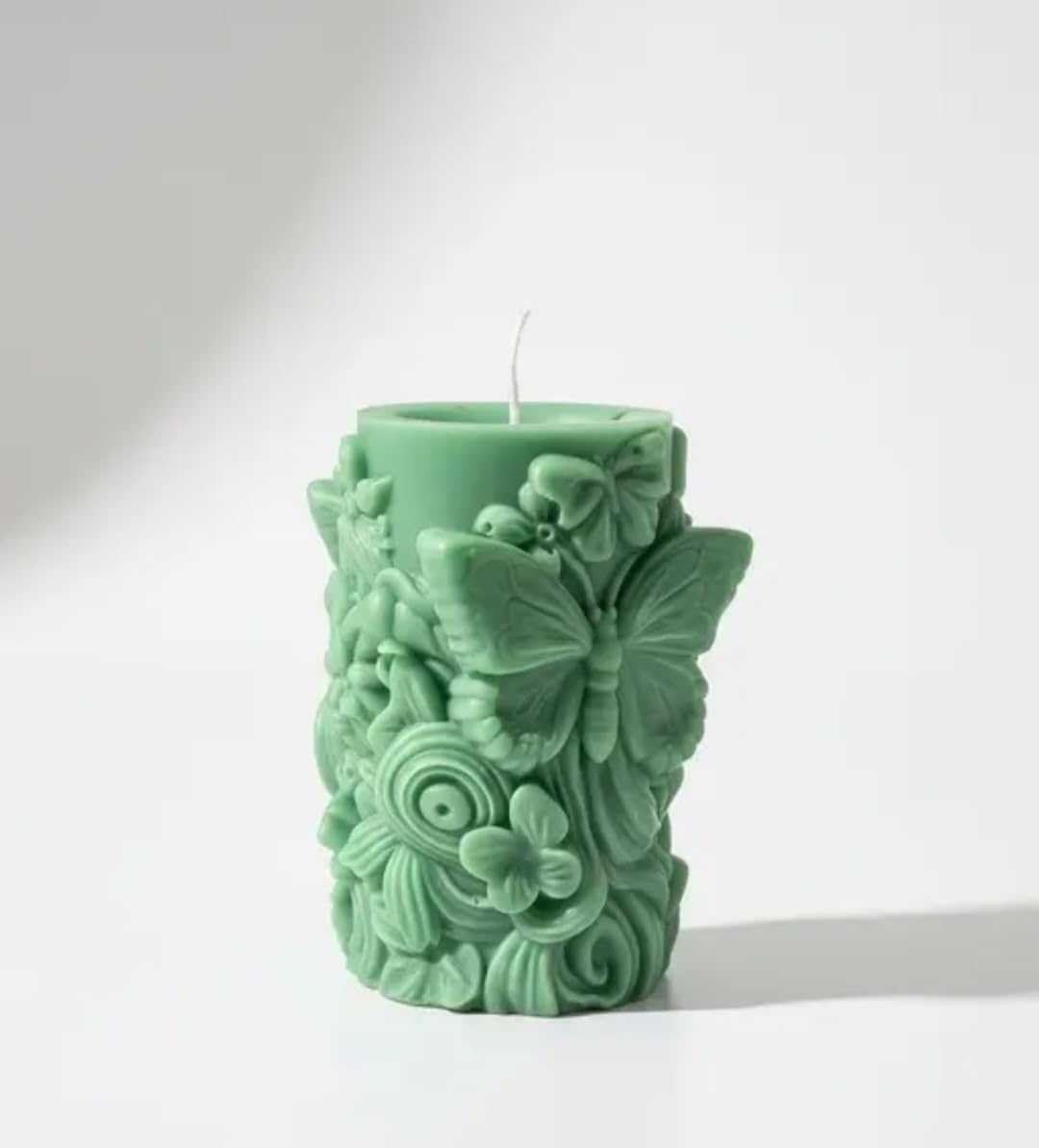 Decorative Pillar Candle, Green, Butterfly and Floral Embossed Design, Sculptural Home Decor
