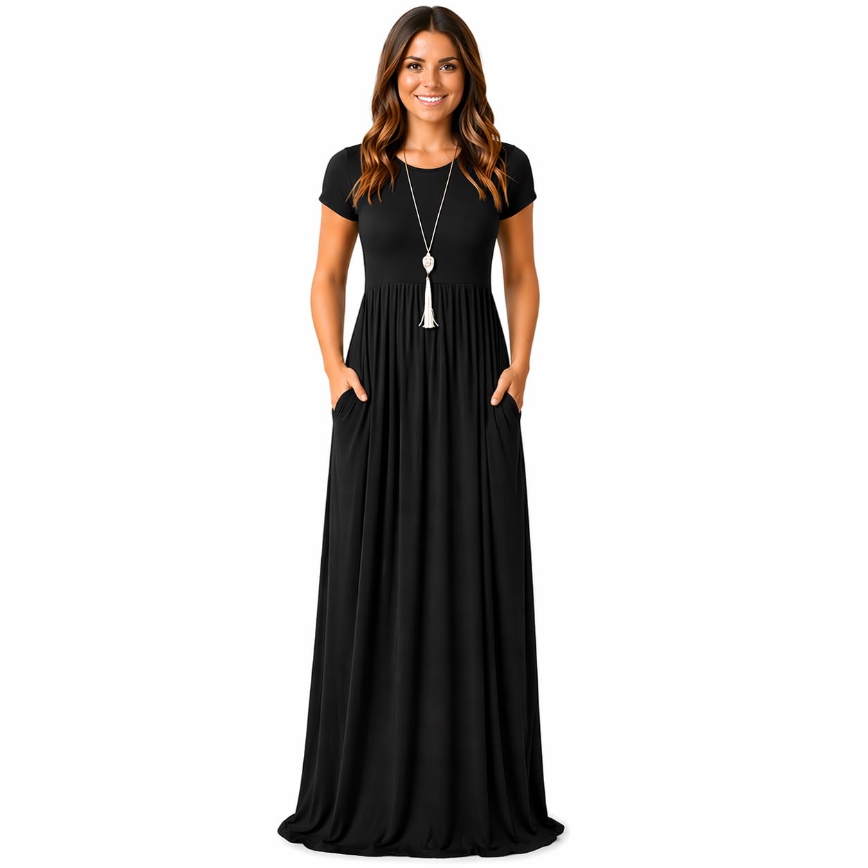 AUOMITH Women's Summer Maxi Dress Short Sleeve Empire Waist with Pockets