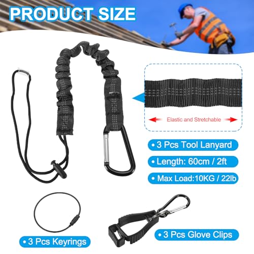 Image of MECCANIXITY Retractable Tool Lanyard 2ft with Aluminum Buckle and Adjustable Loop End, Included Glove Clamps and Keychains, Fall Protection Tools Leash for Hand Tools, Black 3 Pack