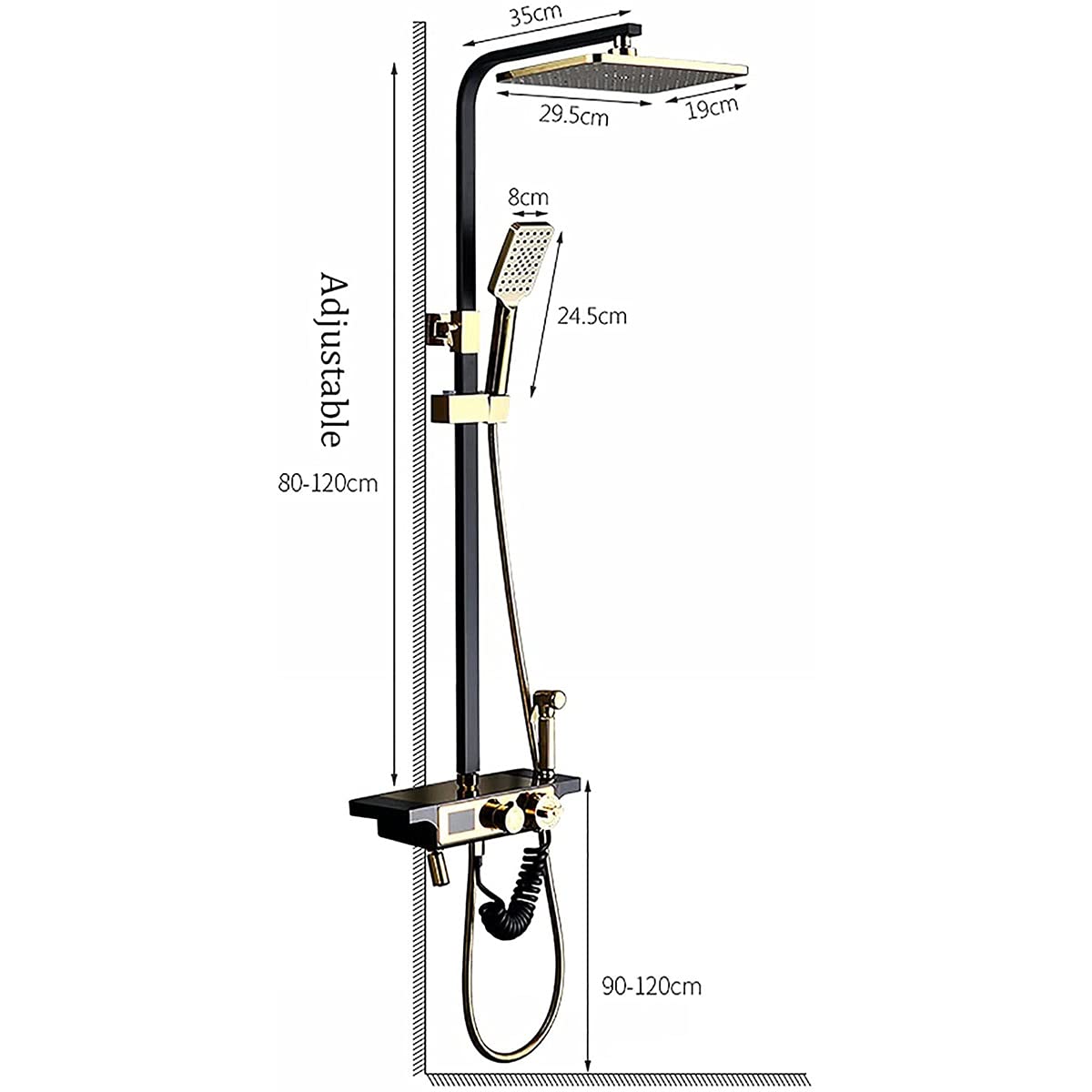 Sistema Doccia a Pioggia, Set termostatico Combinato, Rubinetto per Bagno in Oro e Nero con soffione a Pioggia, doccetta, Rubinetto per Vasca, doccetta Bidet, Display Digitale