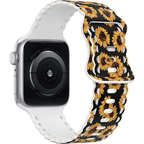 Image of Compatible with Apple Watch Band 41mm 40mm 38mm 49mm 45mm 44mm 42mm Women Girl, Sunflower Print Lace Hollow-out Soft Silicone Sport Bands For iWatch Ultra SE Series 10 9 8 7 6 5 4 3 2, SunflB-42