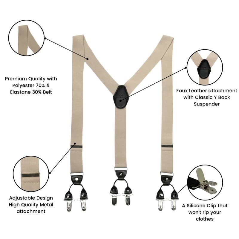 Image of The Tie Hub Suspenders for Men | Slim Clip-On Y-Back Elastic Braces | Adjustable 1.25 Inch | Formal Wedding Office