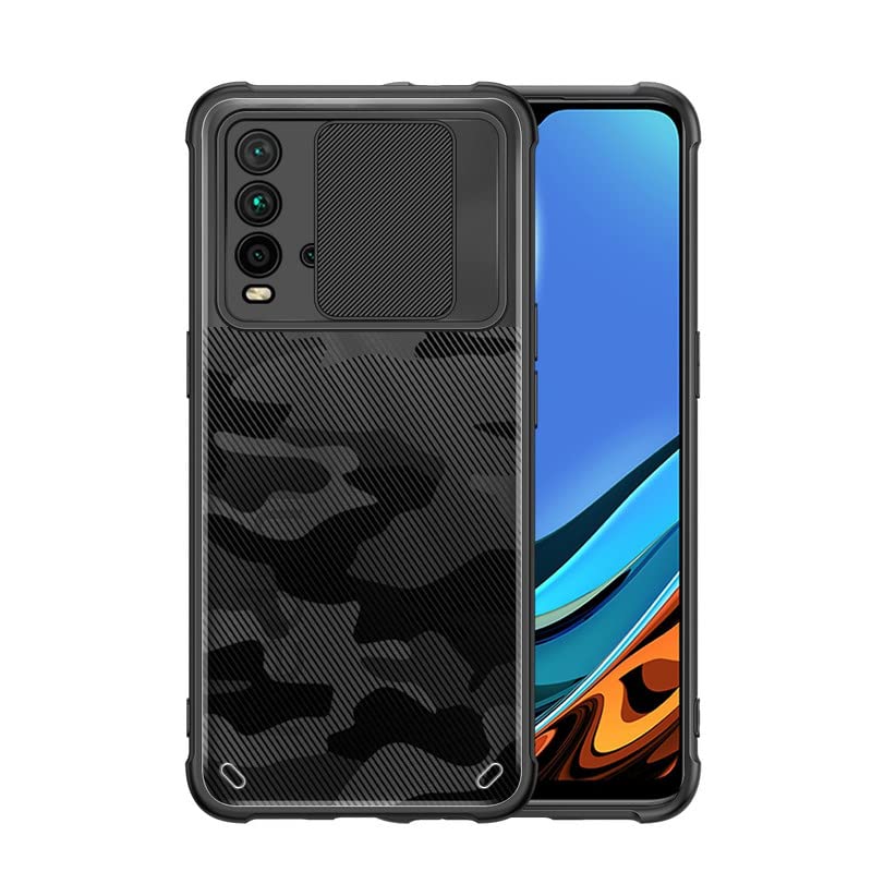 Mobirush Camouflage Lens Back Cover [Military Grade Protection] Shock Proof Slim Slide Camera Lens Cover Mobile Phone Case for Redmi 9 Power - Black