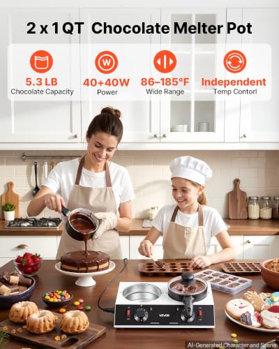 Image of VEVOR Chocolate Melting Pot - 2 x 1 QT Pots, 86℉ - 185℉ Choc Warm Machine | 80W Even Cheese Melter, 2 Knobs Temp Control, 2 Ceramic Coated Pots, Electric Warmer for Mulled Milk Candy, Commercial & Home