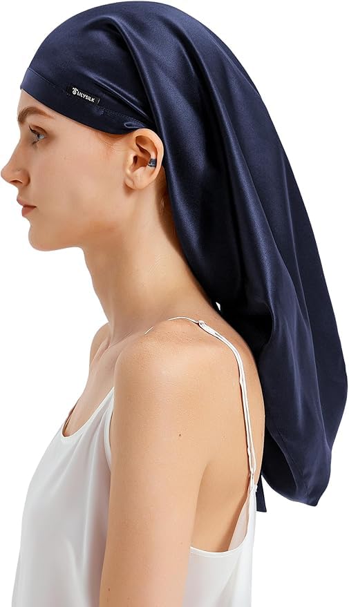 LILYSILK 100% Silk Bonnet Mulberry 19 Momme Silk Sleep Cap Long for Curly Hair Night Cap for Sleeping, Silk Hair Wrap for Women Navy Blue