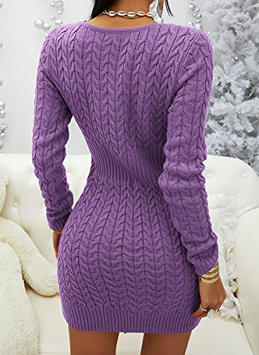 Image of Veatzaer Womens Zip V Neck Long Sleeve Cable Knit Mini Sexy Sweater Dressse