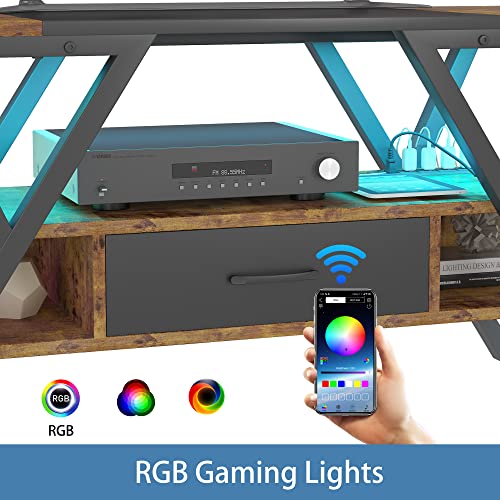 Yusong 65 Inch Led Tv Stand, Entertainment Center Gaming Tv Table With Outlets, Up To 65" Media Console For Living Room With Removable Wooden Drawer, 29+Diy Dynamic Rgb Modes, Rustic Brown+Black #TOP4