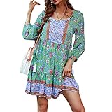 DESIGN: Dieses Kleid verfügt über 3/4 Ärmel V-Ausschnitt mit vorderen Knöpfen und Schnürung Knopfleiste, Blumendruck Boho-Kleid in einer entspannten Passform. Es hat leichte Falten an der Taille Naht, elastische Manschetten und Seitentaschen.Sommerkleider, lose Sommer V-Ausschnitt Baumwolle kurzen Rock einfarbig Kleid, Damen Freizeitkleid V-Ausschnitt Sommer floral bedruckte Kleider, Damen Kleid ärmellos, Damen Vintage lässig Kleid, Damen Röcke dünndrucken Freizeitkleid Damen.