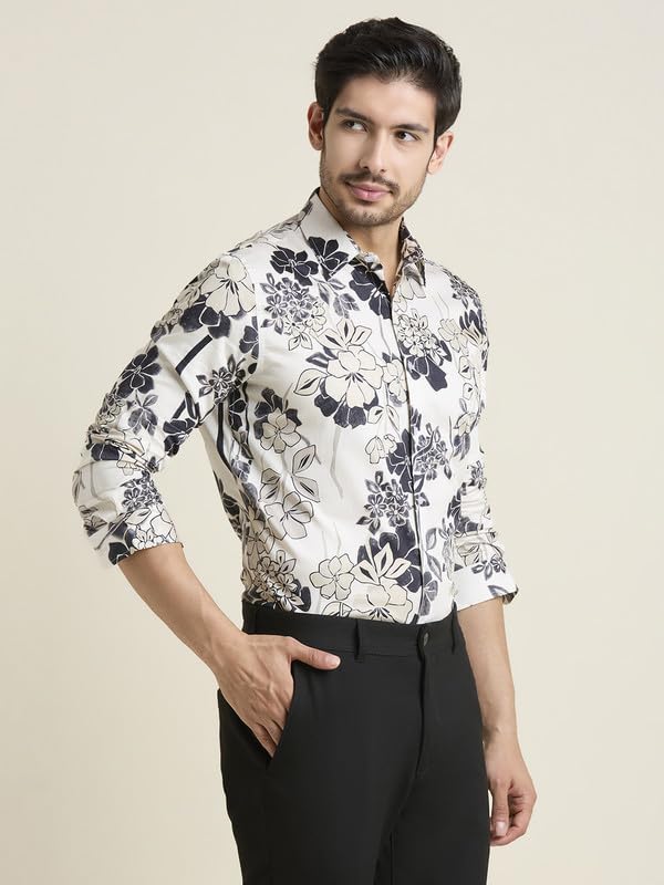 Image of MARK & ALBERT Men's Printed Full Sleeves Regular Fit Shirt Blue | 100% Cotton Stretchable Fabric