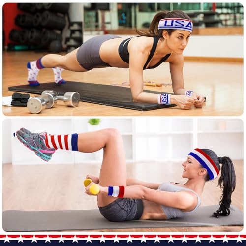 Image of Soulchen 20 Pcs 4th of July Sweatband American Flag Headband Wristband and Socks Set Red White Blue Striped Athletic Sweatband Set Independence Day Head Band for Men Women Sports Workout