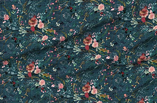 Spoonflower FI-F86-D8405290-1Y Fabric - Floral Boho Botanical Feminine Woven Look Faux Texture Rose Print Teal Printed cover