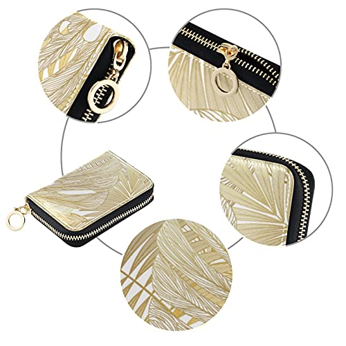 Gold Tropical Palm Leaves on WhiteGrey Credit Card Coin wallet, RFID Blocking Compact Women Leather Card Holder, Key Change Organizer, Zipper Purse Clutch Pouch Pocket3