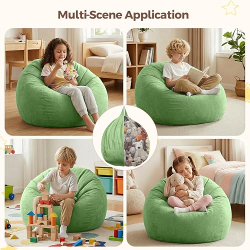 Image of Stuffed Animal Storage Bean Bag Chair Cover for Kids (No Filler), Soft Comfy Velvet Beanbag Chair Cover Machine Washable,Kids Bean Bag Chair with Handle for Living Room Bedroom Dorm,Lime Green