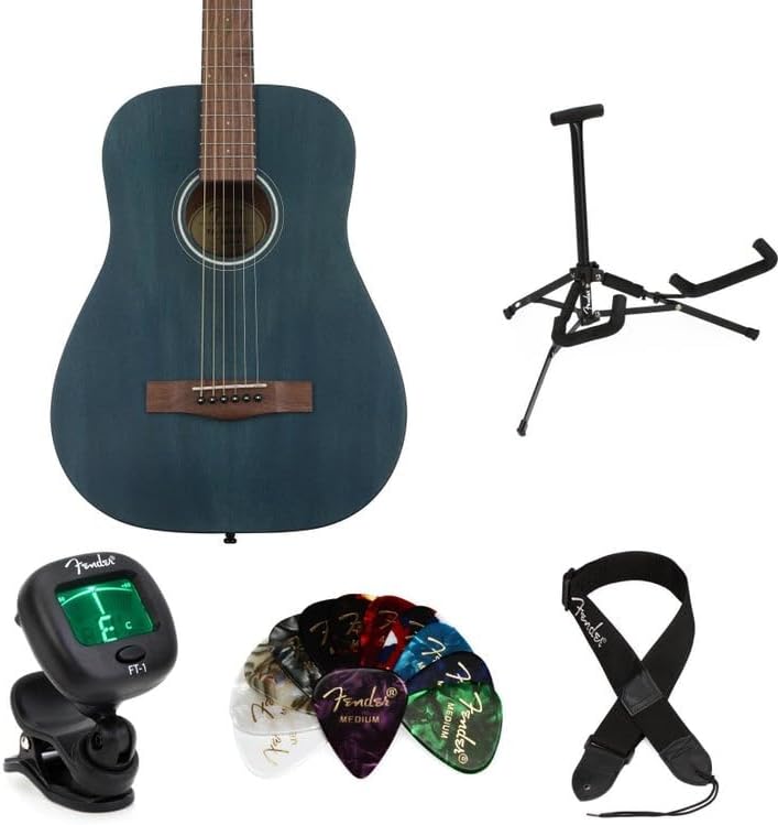Fender FA-15 3/4 Scale Acoustic Guitar Bundle, Steel Strings, Blue - Includes Stand, Tuner, Strap, and 12 Picks, Compact Travel Guitar