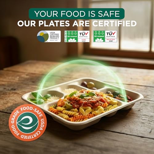 Image of Eco Soul | 5 Compartment Bagasse Meal Tray | 11 Inch - Pack of 25 | Disposable Plates Big Size | Eco-Friendly, Sturdy & Heat-Safe | Ideal for Cafeterias & Meal Services | Plastic-Free