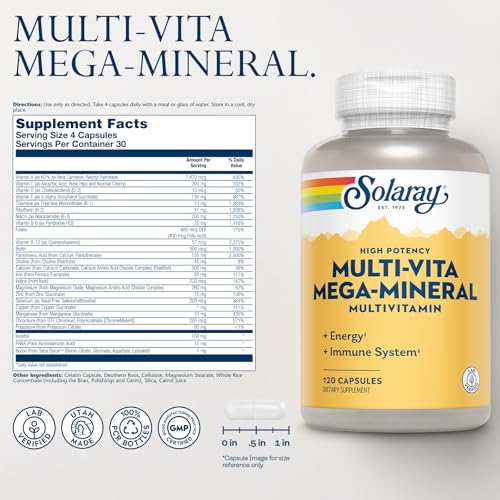 Image of SOLARAY Multi-Vita Mega-Mineral Multivitamin for Women and Men with Vitamin D, Vitamin C, Magnesium, Zinc and More - Energy and Immune System Support - 60-Day Guarantee - 30 Servings, 120 Capsules