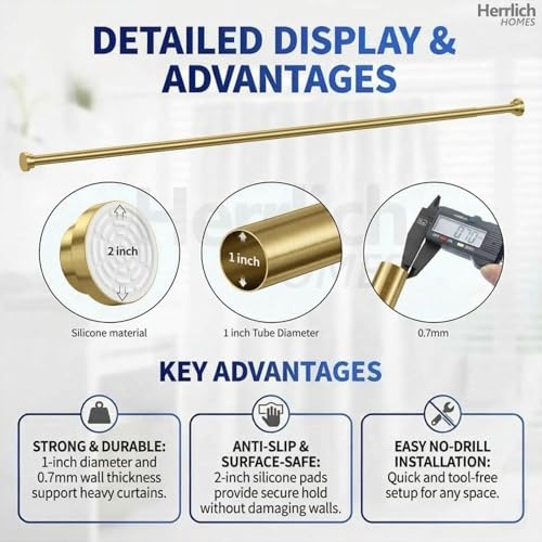 Image of Herrlich Homes (85 to 140 cm) Extendable Shower Curtain Tension Rod | Non-Drilling Anti-Skid Spring Pull Rod | Adjustable Size | With Rubber Pads | Stainless Steel | Gold | 1 Piece