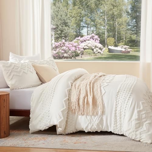 Image of Luxudecor Boho Tufted Comforter Set Queen Size 3 Pieces Ivory White Shabby Chic Comforter Farmhouse Embroidery Bedding Set Soft Comforter for All Seasons (Ivory White, 90''x90'')