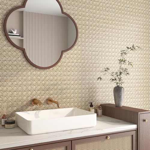 FunStick Tan Brown Rattan Wallpaper Peel and Stick Cane Webbing Wicker Weave Beige Rattan Contact Paper for Furniture Cabinets Waterproof Boho Faux Textured Wall Paper Self Adhesive Burlap Fabric Roll - Thumbnail 5